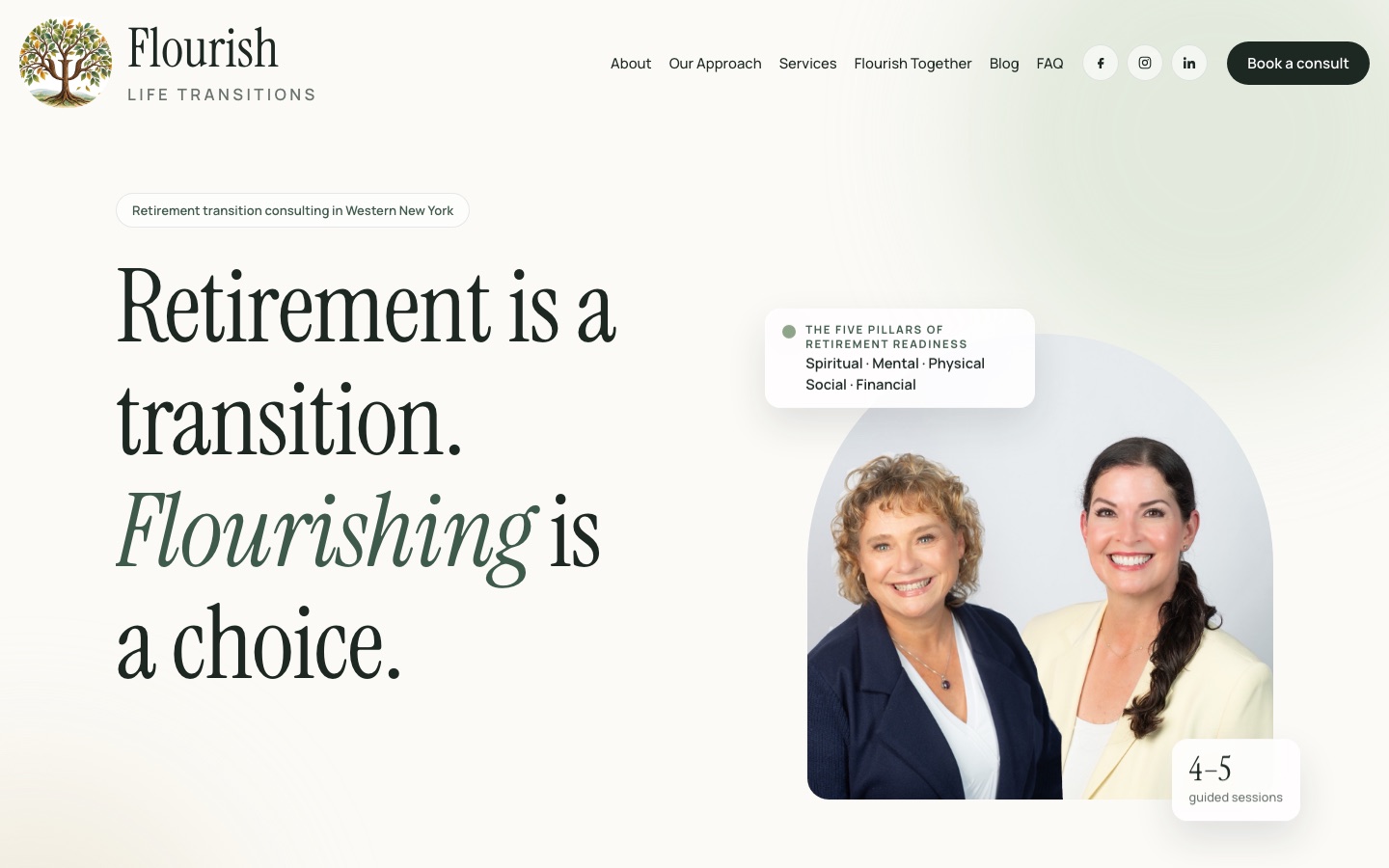 Homepage of the Flourish Life Transitions website