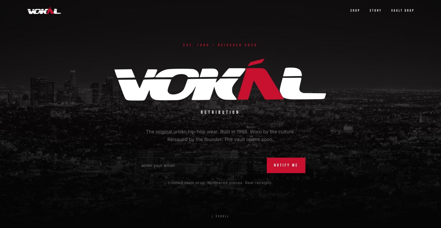 Homepage of the VOKAL Retribution streetwear website